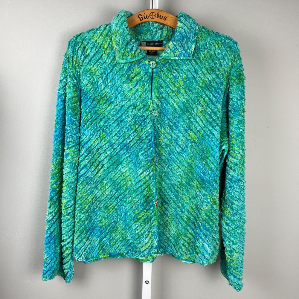 Vintage Casual Studio Artsy Jacket‎ Womens L Green Turquoise Textured Stripe
